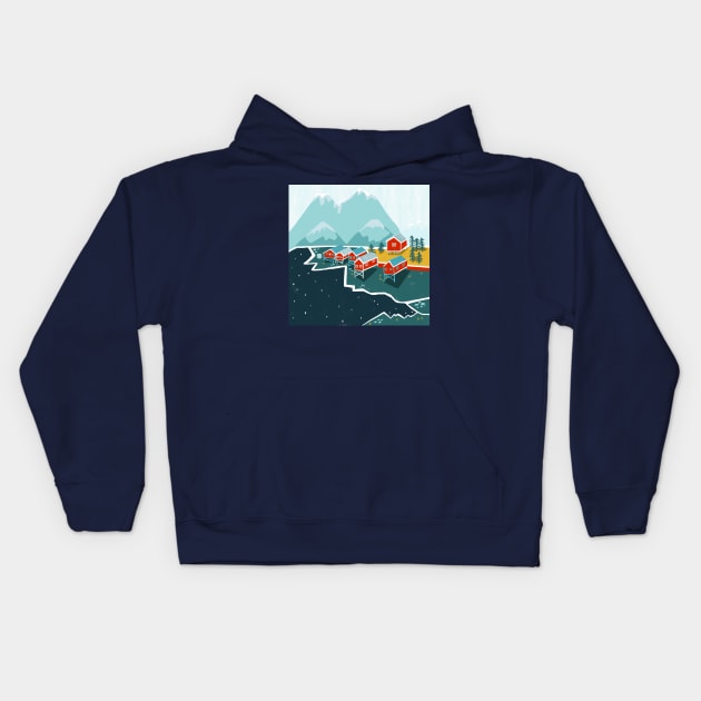 Red house in Norway on the ice Kids Hoodie by Mimie20